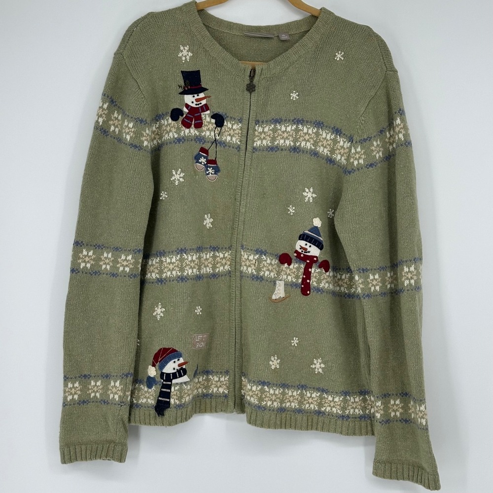 Vintage‎ Snowman Zip Cardigan Sweater Fair Isle XL Green Angora Wool Blend read